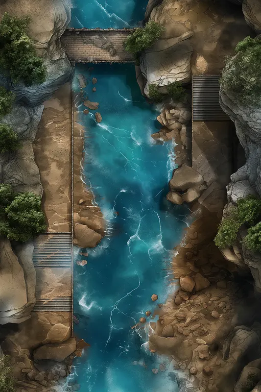 Top-down river gorge bridge battle map: Bridge Over Troubled Waters