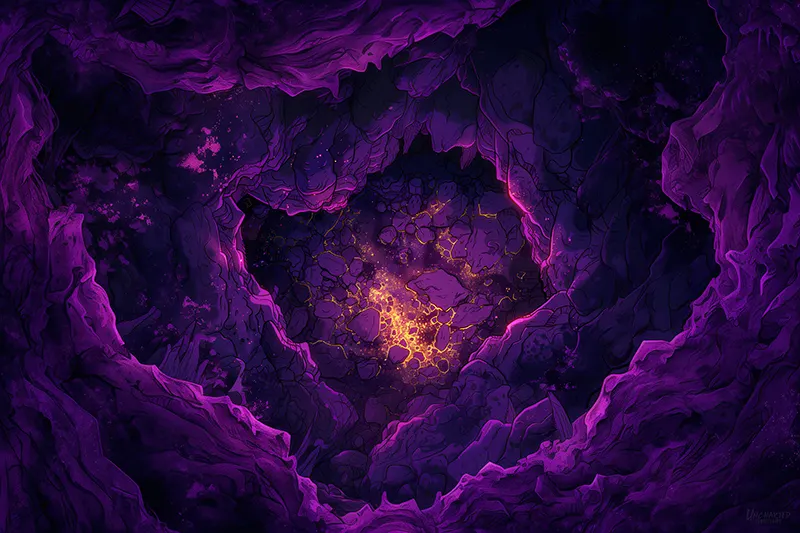 Top-down purple cave battle map: Cave of Fiery Wonders