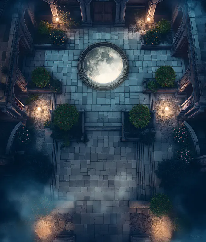 Top-down moonlit courtyard battle map: Celestial Reflection Plaza