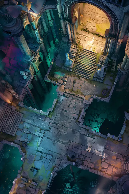 Top-down ruined sanctuary battle map: Chronicles of the Forgotten Clockwork Sanctuary