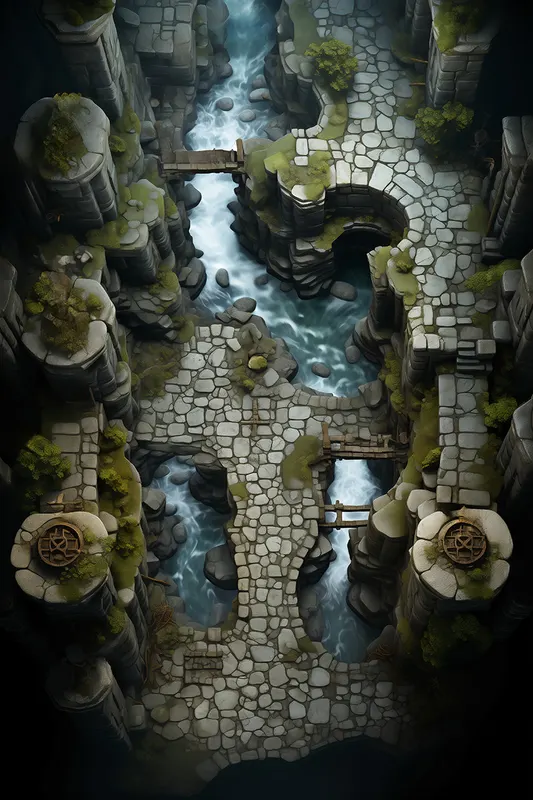 Top-down river ruins battle map: Crossing the Canyon Rapids