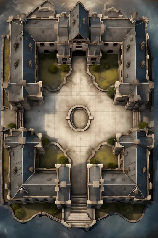 Top-down castle courtyard battle map: Enclave of Elevation