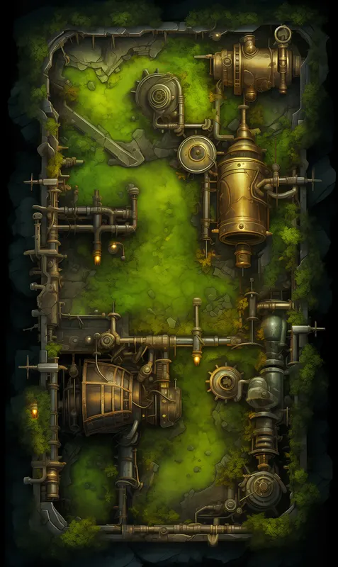 Top-down overgrown machine garden battle map: Engineered Eden