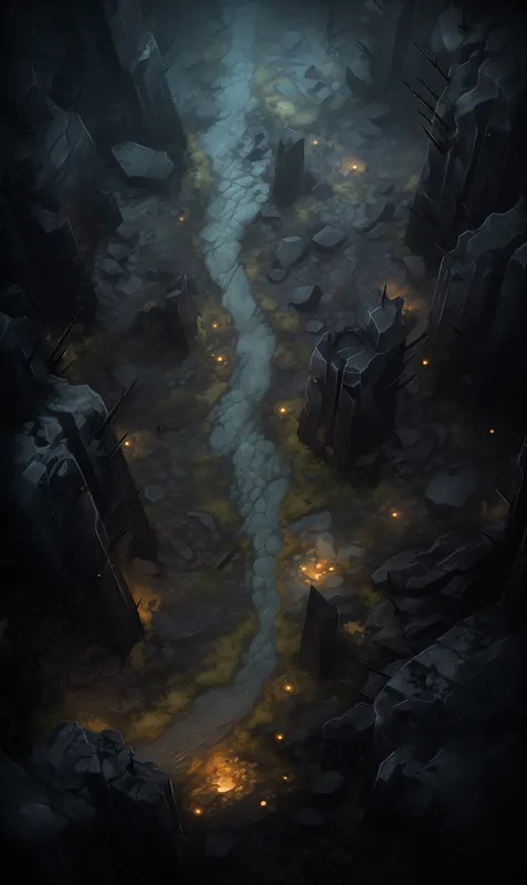 Top-down rocky ravine battle map: Enigma Stones at Dusk