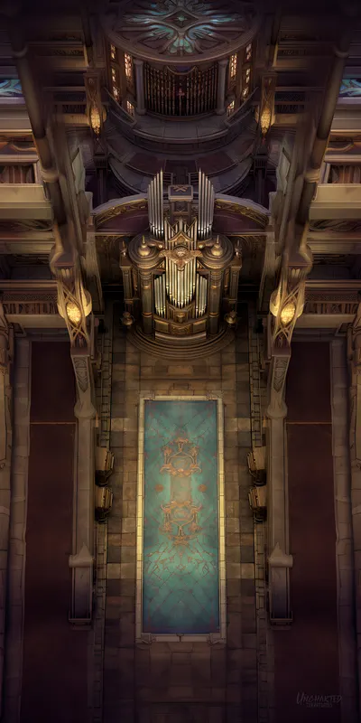 Top-down grand hall battle map: Harmony Hall