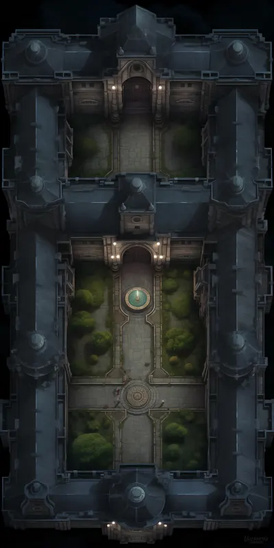 Top-down castle courtyard battle map: Midnight Castle Grounds