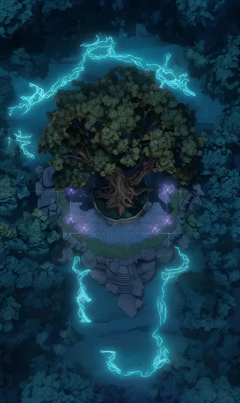 Top-down mystic tree battle map: Midnight Thunder at the Mystic Tree