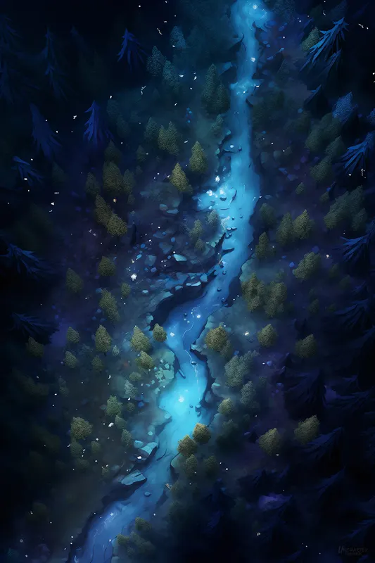 Top-down moonlit forest river battle map: Moonlit River Forest