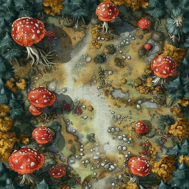 Top-down giant mushroom forest battle map: Pathway of Giant Mushrooms