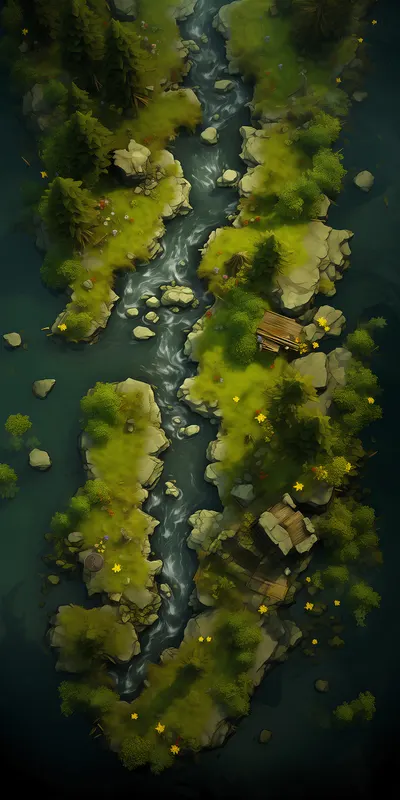 Top-down forest river battle map: Quiet Currents Hideout