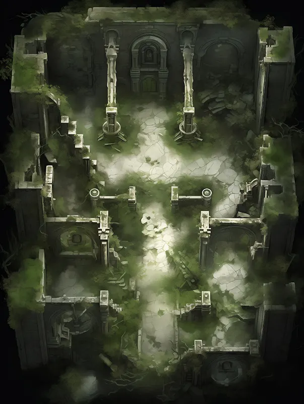 Top-down overgrown ruins battle map: Ruinous Green Maze