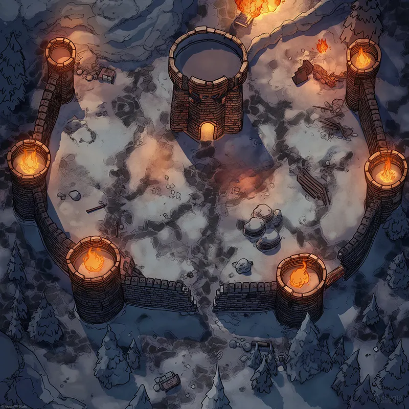 Top-down snowy fort battle map: Snowy Fort of Toasty Towers