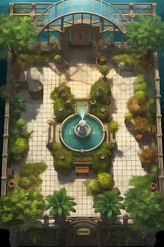 Top-down garden courtyard battle map: The Serene Sunlit Sanctuary